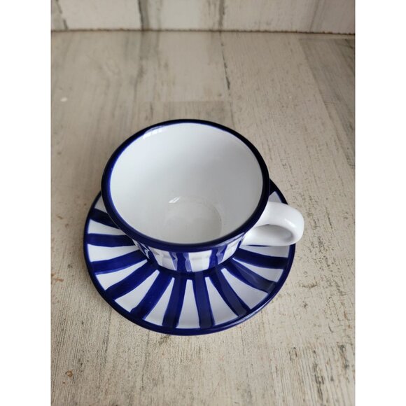 City to cottage dark blue striped teacup mug saucer set - Picture 2 of 8